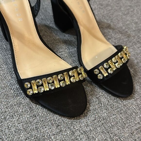 Metaphor Sesha Black Satin Jewel Embellished Open Toe Block Heels - Picture 2 of 6